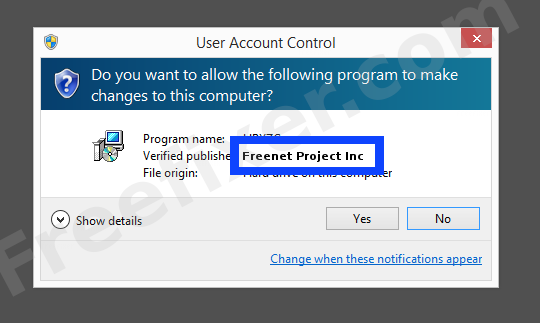 Screenshot where Freenet Project Inc appears as the verified publisher in the UAC dialog